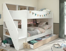 90x200 Kinder Etagenbett Weiß/grau mit Bettkasten Treppe und Geländer - 1