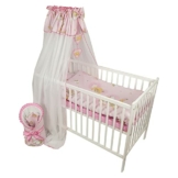 Bello24 - 12 Teiliges Babybett Kinderbett und Bettwäsche komplett Set Happy höhenverstellbar für Neugeborene Babys und Kleinkinder aus Massivholz (Rosa - Teddybär auf Leiter) - 1