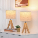 EDISHINE 2er Set Nachttischlampe aus Holz, Stativ Tischlampe E27 Fassung, vintage beiger Lampenschirm aus Leinen, für Schlafzimmer, Wohnzimmer, CE-Zertifiziert - 1