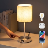 EDISHINE LED Nachttischlampe Touch Dimmbar, Tischlampe Modern, Kleine Lampe, mit Ladefunktion, 2 USB Anschlüsse, Steckdose, Deko Schlafzimmer, Wohnzimmer, Fensterbank, Geschenk, Leinen Lampenschirm - 1