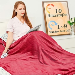 Heizdecke mit Abschaltautomatik, 130x180cm 10 Heizstufen 1~9 Stunden Auto-Off-Timer Überhitzungsschutz, Elektrische Wärmedecke Bett Wärme Decke ETL für Home & Office Schnelle Flanell Waschbar Rot - 1