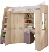 Hochbett/Etagenbett/Entresole – alle in einer links Ablesen Treppen – Kinder Möbel Set. Bett, Kleiderschrank, Regal, Schreibtisch Sonoma Oak - Purple - 1