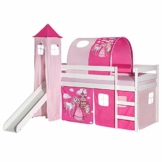 IDIMEX Hochbett mit Rutsche Benny Kinderbett Spielbett Holzbett mit Vorhang, Tunnel und Turm Prinzessin Motiv rosa pink, Kiefer massiv weiß lackiert, 90 x 200 cm - 1