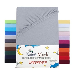 NatureMark 2er Set Kinder Spannbettlaken Jersey, Spannbetttuch 100% Baumwolle, für Babybett und Kinderbett | 70x140 cm - Silber grau - 1